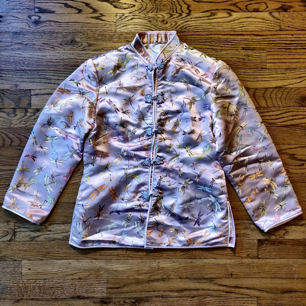 Dragonflies embroidered pink satin Chinese blouse with mandarin collar!